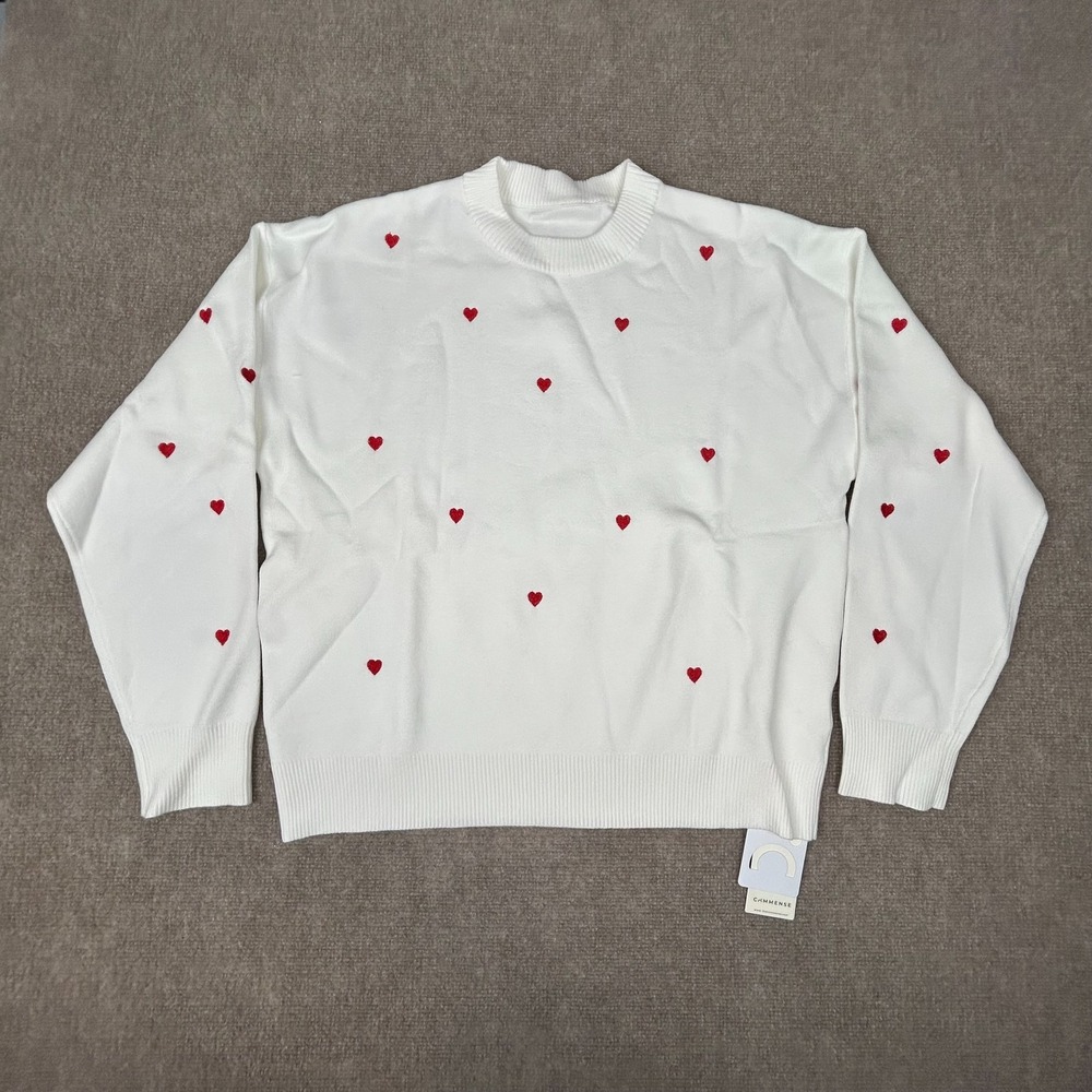 Commense Oversized Sweater Women Medium White Embroidered Heart Knit Relaxed Fit